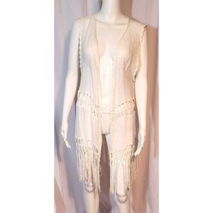 Question Knit Open Front Boho Vest With Fringed Hem - Size L